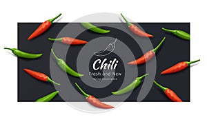 Chili pepper red and green fresh and new pattern, realistic design on balck background, Eps 10