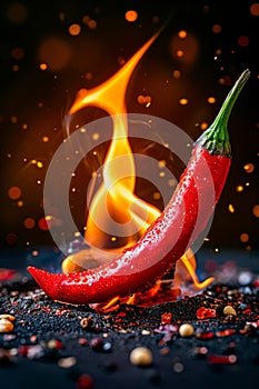 Chili pepper is sitting on pile of ash with fire and smoke in the background. Generative AI