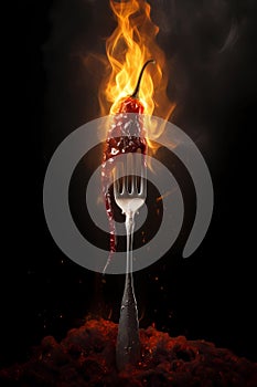 Chili pepper with smoke and fire on black background