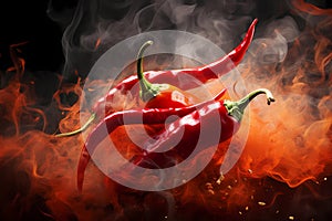 Chili pepper with smoke and fire on black background