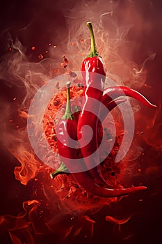 Chili pepper with smoke and fire on black background