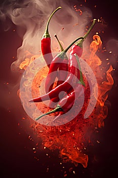 Chili pepper with smoke and fire on black background