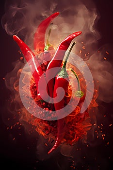 Chili pepper with smoke and fire on black background