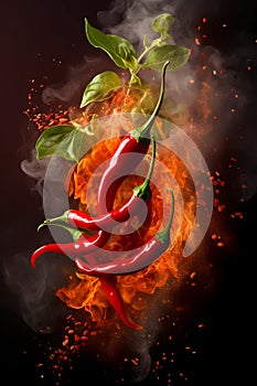 Chili pepper with smoke and fire on black background