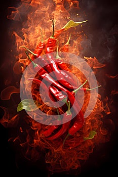 Chili pepper with smoke and fire on black background