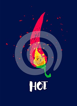 Chili pepper with text and fire on dark background. Flat style. Vector