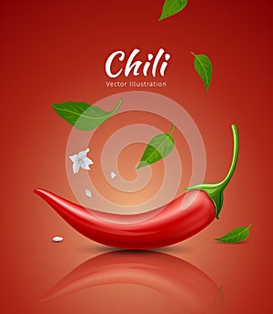 Chili peppers red fresh and leaves, flower chili realistic design, on red background