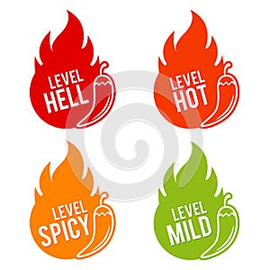 Chili peppers scale mild, spicy, hot and hell icons. Eps10 Vector photo