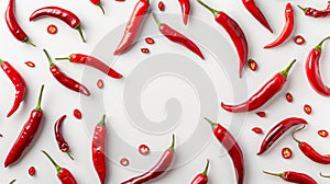 Chili peppers scattered on white background