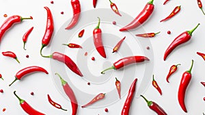 Chili peppers scattered on white background