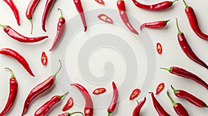 Chili peppers scattered on white background