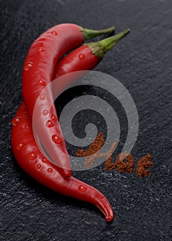 Chili peppers on slate with lettering hot
