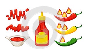 Chili sauce set on a white background. A bottle, a sauce stain and gravy boat in cartoon style. Hot red pepper strength