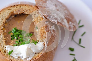 Chili soup in a bread bowl