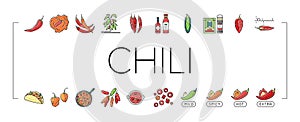 Chili Spicy Natural Vegetable Icons Set Vector
