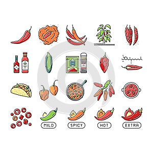 Chili Spicy Natural Vegetable Icons Set Vector