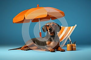 Chill dog sunbathing on the beach, wearing shades and lounging under a colorful umbrella