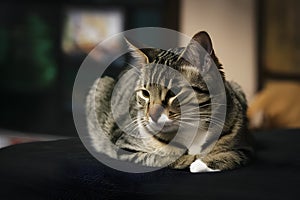 Chill domestic short haired cat relaxing on dark fabric, looking contemplative in indoor setting