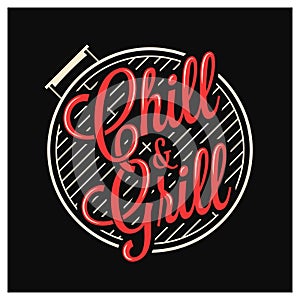 Chill and grill lettering. BBQ grill logo on black photo