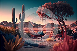 Chill out scene in the desert, river, and mountains, landscape, generative ai