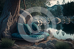 Chill out scene outdoor, in the forest, river, generative ai