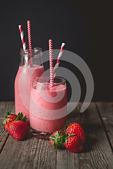 chill and relax time with strawberry smoothie with wood background and copy space