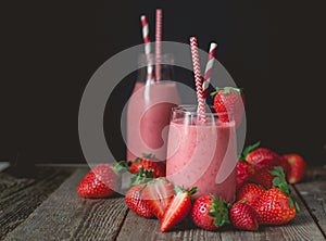 chill and relax time with strawberry smoothie with wood background and copy space