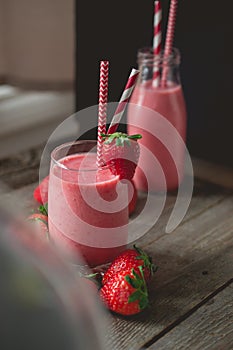 chill and relax time with strawberry smoothie with wood background and copy space