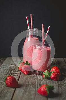 chill and relax time with strawberry smoothie with wood background and copy space