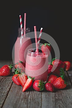 chill and relax time with strawberry smoothie with wood background and copy space