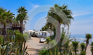 Chill Spanish beach restaurant of Sahorami in Zahora, Andalusia beach in Cadiz on the atlantic coast with palms and clear blue photo