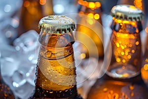 Chilled beer bottles with dew drops and ice