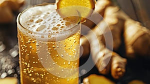 Chilled Beer with Ginger Accent. A frosty beer glass, embellished with a ginger slice, exudes refreshment against a