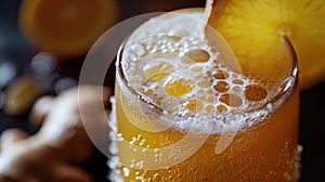 Chilled Beer with Ginger Accent. A frosty beer glass, embellished with a ginger slice, exudes refreshment against a