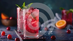 Chilled cocktail with strawberries and cherries in a tall glass. Bar and summer drinks concept