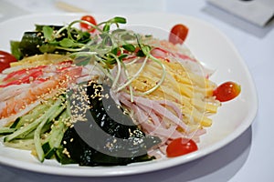chilled cold cool somen noodle. japanese food with ham egg seawe