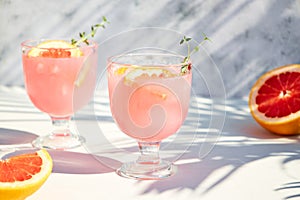 A chilled drink with grapefruit or red orange in glasses on a gray background under the shadow of palm leaves. Summer