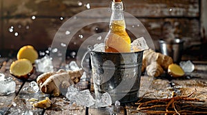 Chilled Ginger Beer Refreshment. An ice-cold bottle of ginger beer emerges from a frosty bed of ice cubes, surrounded by