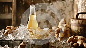 Chilled Ginger Beer Refreshment. An ice-cold bottle of ginger beer emerges from a frosty bed of ice cubes, surrounded by