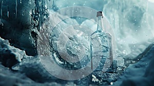 Chilled glass bottle in icy cave setting. Mysterious and cool ambiance. Frosty environment captured in professional