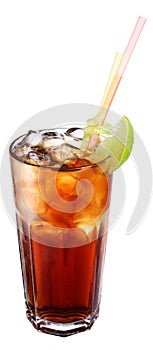 Chilled glass of cola drink with ice cubes isolated on white background. File contains clipping path