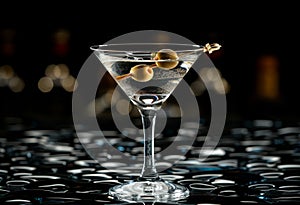 cocktail presentation, a chilled glass holding a newly shaken martini, topped with olives, presents a visually appealing photo