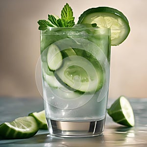 A chilled glass of sparkling water with slices of cucumber and mint leaves1