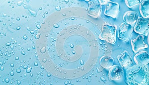 Chilled ice cubes with water droplets on blue backdrop, giving a refreshing feel with a tinted hue