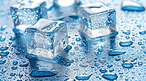 Chilled ice cubes with water droplets on blue surface, toned image for refreshing concept