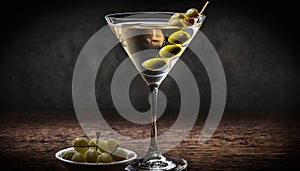 Chilled martini cocktail on a long bar with olives.