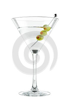 Chilled Martini Cocktail with Olives Isolated on White Background