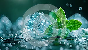 Chilled mint: Fresh leaves on ice, a crisp and invigorating touch for cocktails and summer treats.