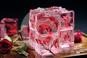 Chilled Red rose ice cube. Generate Ai
