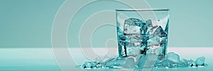 Chilled refreshment ice cubes floating in a glass of water on a light colored background